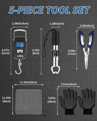 Fishing Tool Kit - Fishing Pliers, Hook Remover, Fish Gripper，Fish Scale, Fish Knife, Saltwater Fishing Gear with Sharpeners, Best Gifts for Men - color: Blue with Scale