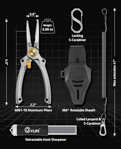 CVLIFE Fishing Pliers, Saltwater Hook Remover Kit, 7.5 Inch Aluminum Split Ring Pliers for Fishing with 17-4 PH Stainless Steel Jaws, Sheath, Tungsten Cutters Hook Sharpener & S-Carabiner - color: Silver