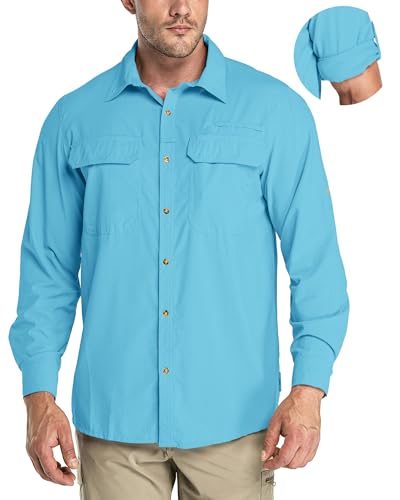 33,000ft Men's Long Sleeve Sun Protection Shirt UPF 50+ UV Quick Dry Cooling Fishing Shirts for Travel Safari Camping Hiking - color: Bright Blue, size: Medium