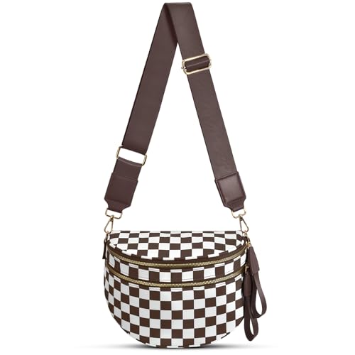 Checkered Nylon Crossbody Bag Bum Bag for Women Mom Large Checkered Fanny Packs with Adjustable Strap - color: Brown Checkered