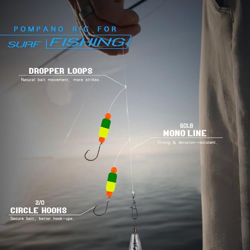 Pompano Rig Saltwater Surf Fishing Rigs – Double Drop Leader Rigs with Hooks, Floats, Beads & Snap – Easy Pre-Tied Terminal Tackle for Pompano, Whiting, Redfish - color: Assorted Colors–H, size: 12 Pack