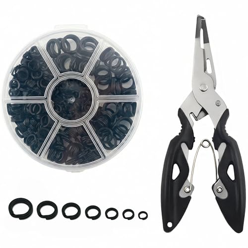 350pcs Flattened Split Rings Kit: 7-Sizes High Strength Steel Fishing Split Rings with Plier Set for Saltwater Lure Hook Connector - color: Black
