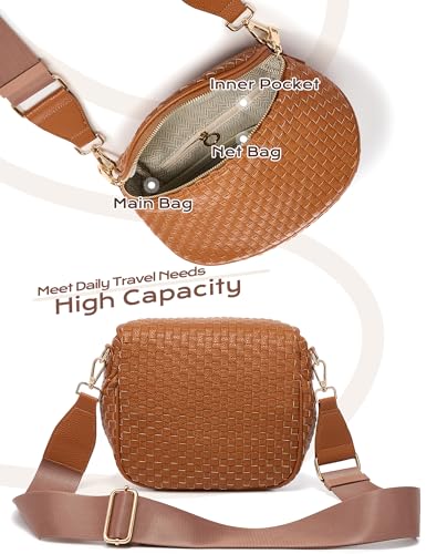 Trendy Woven Checkered Crossbody Bum Bag for Women，PU Leather Checkered Purse Fanny Packs Belt Bag (Woven Bum Bag - Pure Brown) - color: Woven Bum Bag - Pure Brown