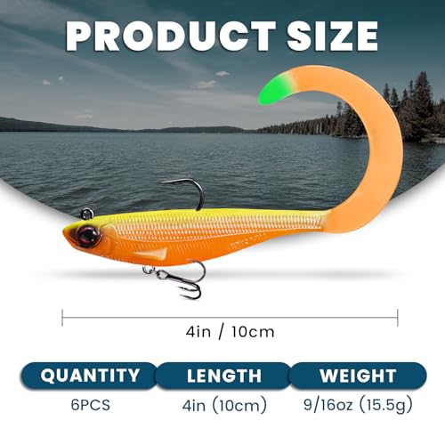 Pre-Rigged Soft Fishing Lures with Weedless Hook, Lifelike Paddle Tail Swimbaits for Bass Fishing, Freshwater & Saltwater Curly Type Tail Soft Plastic Baits for Bass, Pike, Trout, and Walleye. - color: B2-4"-0.56oz