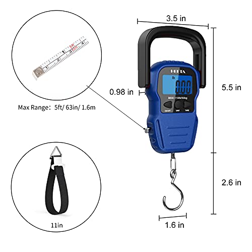 HEETA Fish Scale with Backlit LCD Display, Up to 110lb/50kg Digital Portable Hanging Fish Weight Scale with Hook & Measuring Tape for Home, Farm, Outdoor, Hunting, Fishing, 2 AAA Batteries Included - color: Blue