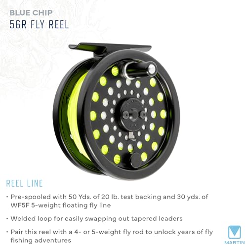 Martin Blue Chip 56R Fly Reel, 3 to 5-Weight, CNC Machined Aluminum Frame, Dual Click and Pawl System, 20 Pound-Test Backing, Black