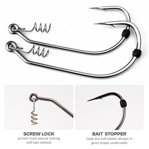 Weedless Swimbait Hooks with Screw Lock & Bait Stopper- 1/0 2/0 3/0 4/0 5/0 6/0 7/0 Sizes Worms Hooks for Bass Fishing - size: 5/0 - 40Pack