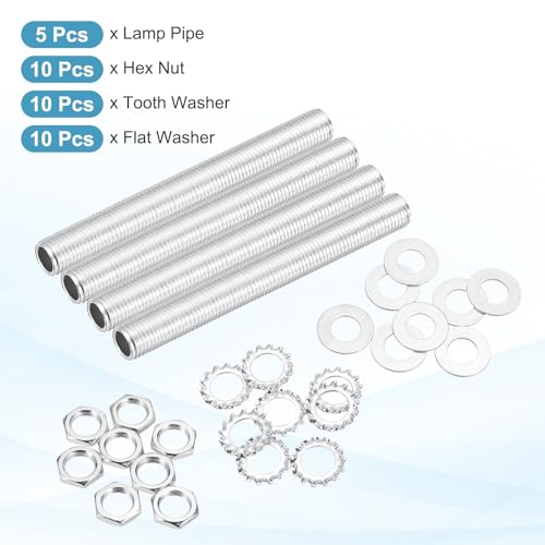 MECCANIXITY 35Pcs 3.9" Lamp Pipe Nipples Kit with Hex Nuts Washers, 1/4IP All Threaded 1/2" Outer Diameter Lamp Rod Hollow Tube Fasteners for Lamp Assembly Chandelier DIY Repair, Silver - size: 3.9"x1/4IP