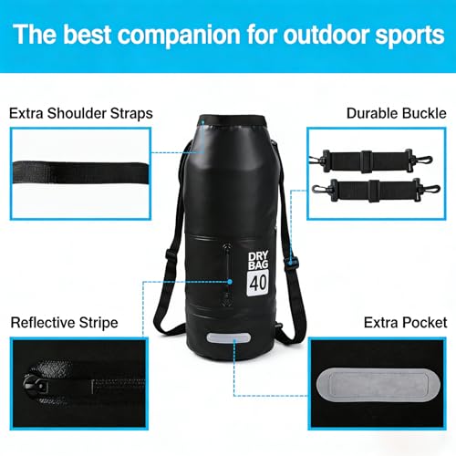 40L Waterproof Dry Bag - Floating Heavy Duty PVC Dry Sack - for Boating, Fishing & Beach - Backpack Style Waterproof Bag for Men & Women - color: Black, size: 40L