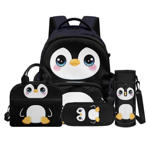 Penguin Print Backpack for Kids 4 Pieces School Backpack with Insulated Lunch Bag with Pencil Case Water Bottle Carrier for 4-6 Years - color: Penguin