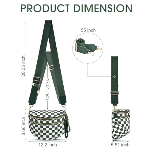 Checkered Nylon Crossbody Bag Bum Bag for Women Mom Large Checkered Fanny Packs with Adjustable Strap - color: Bean Green Checkered