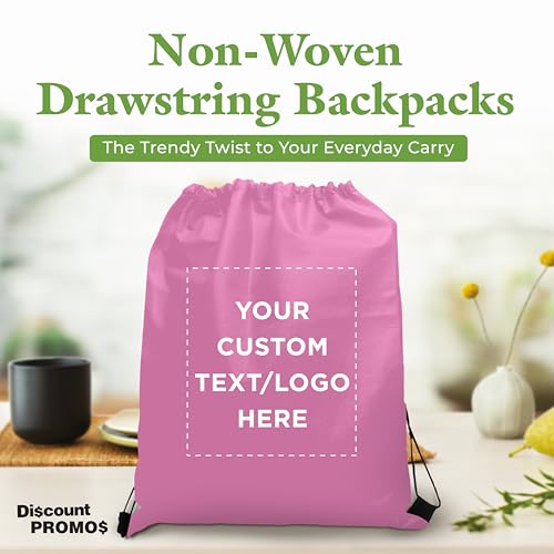 DISCOUNT PROMOS Custom Non-Woven Drawstring Backpacks Set of 10/50/100, Personalized Bulk Pack - color: Pink, size: 10/50/100