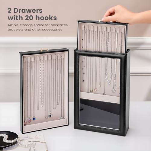Lolalet Necklace Organizer Box, Jewelry Storage Box with Clear Window for Necklaces Bracelets, Tangle-Free Necklace Display Case for Women Girls, Black, 2 Layers 20 Hooks - color: Black, size: 2 Layers, 20 Hooks