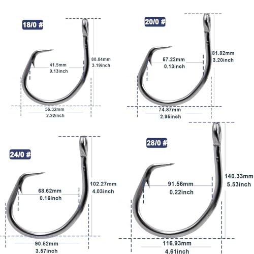 FishTrip 25pcs Circle Hooks Saltwater, in-Line 5X Strong Fishing Hooks for Saltwater & Freshwater, Live Bait Non-Offset Wide Gap Fish Hook for Catfish, Striped, Bass, Salmon, Mackerel, Tuna - size: 20/0_2pcs