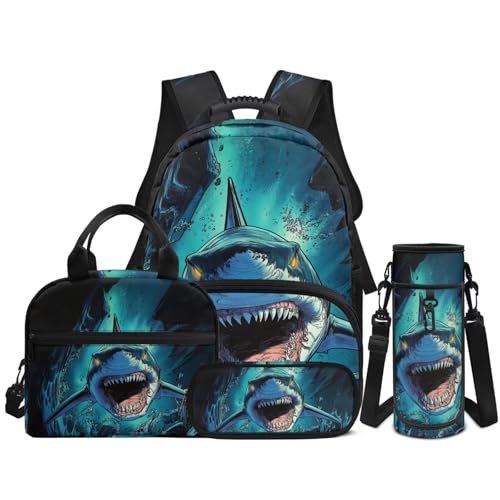 Shark Backpack and Lunch Box Set 4 PCS Schoolbag Book Bag with Insulated Lunch Bag Box Pencil Case Water Bottle Holder Carrier Sling Bag - color: Shark