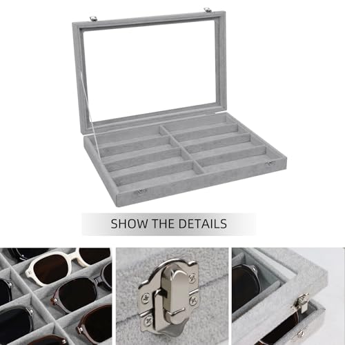 Wudygirl Jewelry organizer Sunglass Organizer 8 Slot Velvet Jewelry Tray Sunglasses Case with Lid Multi Eyeglass Case for Women Men（8 Grid - color: Gray, size: 8 Grid