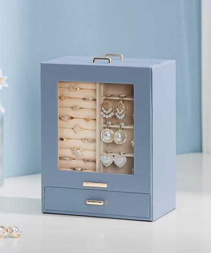Homde Jewelry Organizer Girls Women Jewelry Box for Necklaces Rings Earrings Gift Bracelets Storage Case (Grey Blue + Gold) - color: Grey Blue + Gold