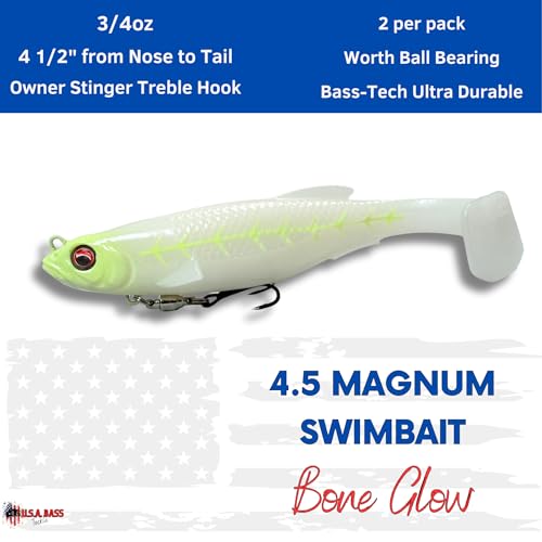 USA Bass Tackle Magnum Swimbait - Paddle Tail Swimbaits Pre Rigged Fishing Lures Premium Lure with Strong Owner Hook, Magdraft Style Bait for Giant Freshwater Predator Fish - color: Bone Glow