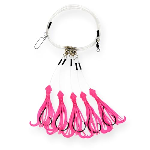 End Game Tackle Deep Drop Rig – Made in USA – New Super Stretch Glow Squid – NOAA Compliant Non-Offset Circle Hooks for Bottom Fishing - color: Pink Glow, size: 8/0 – 5 Hook