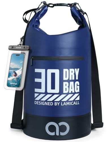 Lamicall Waterproof Dry Bag with Phone Pouch - 5L/10L/20L/30L/40L Floating Roll Top Backpack for Kayaking Boating Beach Camping Fishing - Heavy Duty 500D PVC Marine Dry Sack for Men, Women, Blue 30L - color: Navy Blue, size: 30L