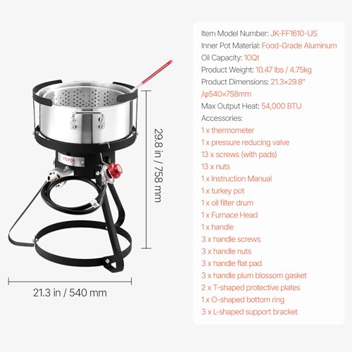 VEVOR 10 Qt Fish and Wing Fryer, Aluminum Propane Fish Fryer Kit, Outdoor Deep Fryer Seafood Pot with Thermometer, Strainer Basket, and 54,000 BTUs Propane Burners, for Outdoor and Backyard Cooking - style: 10-qt
