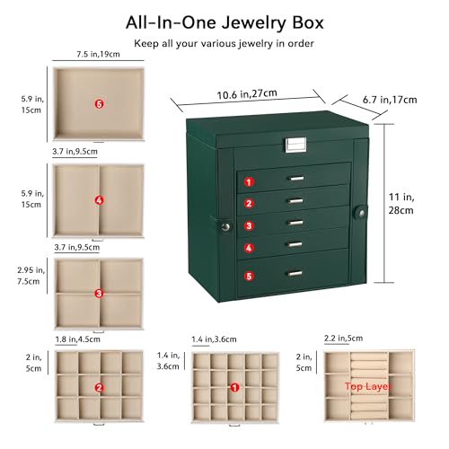 Frebeauty Large Jewelry Box,6-Tier PU Leather Jewelry Organizer,Multi-functional Storage Case with Mirror,Accessories Holder with 5 Drawers for Necklace Bracelets Watches(Blackish Green) - color: Blackish Green, size: Large