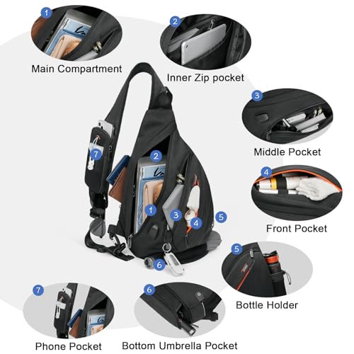 TUDEQU Large Sling Bag for Men,19L Crossbody Backpack with 8 Pocket,Gym,EDC | One Strap Backpack with Umbrella Pocket & Stability Strap,Sling Backpack,One Shoulder Backpack for Hiking,Travel,Cycling - color: Black