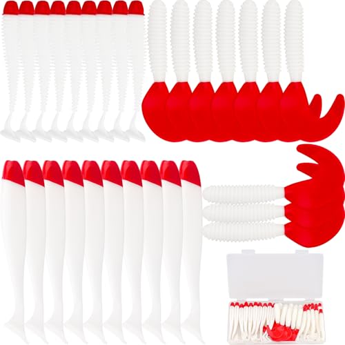 30pcs Soft Plastic Fishing Lures Paddle Tail Swimbaits Soft Baits Lure for Bass Crappie Trout Shad Freshwater Saltwater Fishing Mixed 3.5 Inch 4.7 Inch Swim Bait Kit with Box - color: White, Red