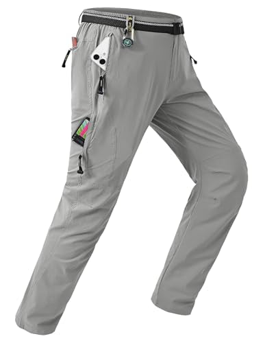 TBMPOY Men's Lightweight Hiking Pants with Belt 5 Zip Pockets Waterproof Quick-Dry Travel Fishing Work Outdoor Pants - color: A7-thin Light Gray, size: Small