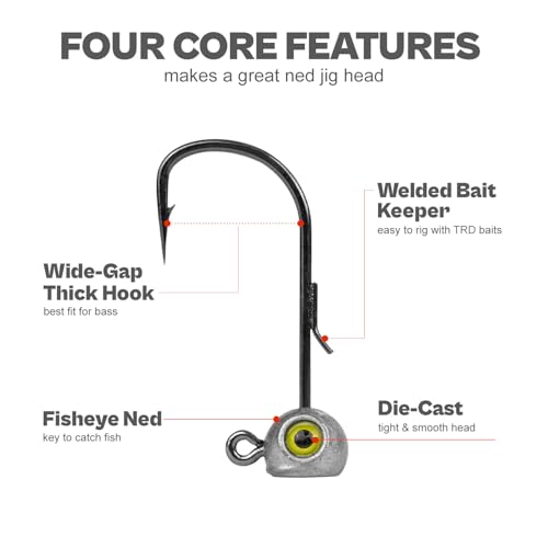 15-Pack Fish Eye Ned Rig Jig Heads with Welded Wire Bait Keeper – 1/16 3/32 1/8 3/16 1/4oz with 2/0 3/0 Hooks, Chartreuse Eyes, Secure Finesse TRD Hookup for Bass Fishing - size: Assorted Weights - 15Pack