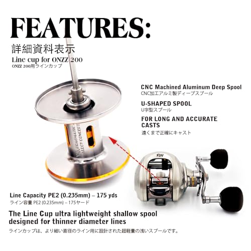 Onzz 200RH Baitcast Reel,Baitcasting Fishing Reel, 9.5 oz Ultra Lightweight, Ultra Smooth 8KGS Max Drag, 6.3:1 Gear Ratio, 10 + 1 MaxiDur Double Shielded Ball Bearings