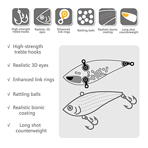 Lipless Crankbait, Rattle Trap Fishing Lures for Freshwater Saltwater, Lipless Crankbaits for Bass Fishing Lure Set for Bass Trout Walleye Redfish Pike, 5pcs with Box - color: E:2.95in/0.8oz/5pcs