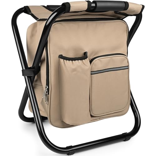 Kikerike Backpack Stool Cooler Chair Heavy Duty 300 LBS Max Load Portable Lightweight Stool Backpack Folding Fishing Cooler Seat for Camping Hunting Fishing - Sand - color: Sand