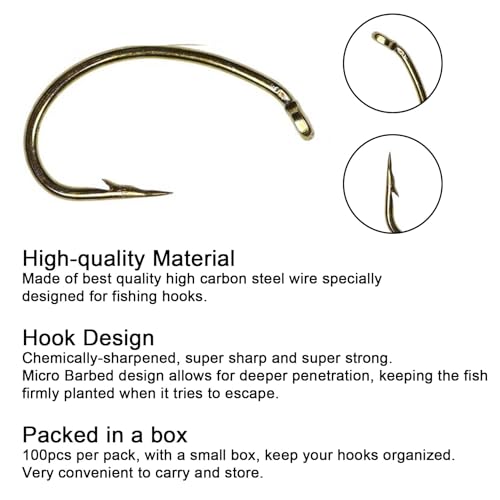 Eupheng Fly Fishing Hooks 100pc Pack Micro Barbed High Carbon Steel Bronze Forged for Dry Flies, Curved Nymphs, Shrimp,Caddis Pupa - color: EP FLY-S&C-7051, size: #14