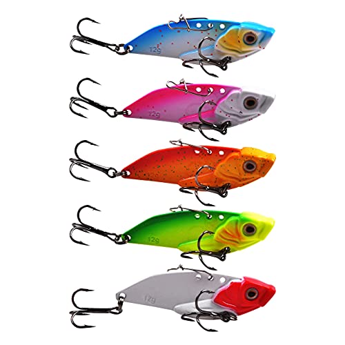 5Pcs Fishing Spoon Lures Metal VIB Hard Spinner Blade Baits with Treble Hooks 3D Eyes Fishing Spoons for Bass Walleyes Trout