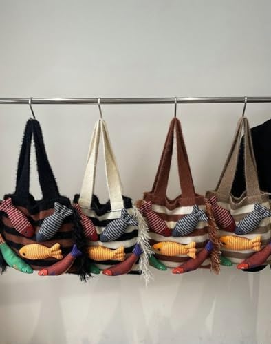 Knitted Beach Shoulder Bag for Women 3D Fish Bohemian Tote Versatile Purse Soft Hobo Handbag for Summer Vacation 2026 - color: C Brown
