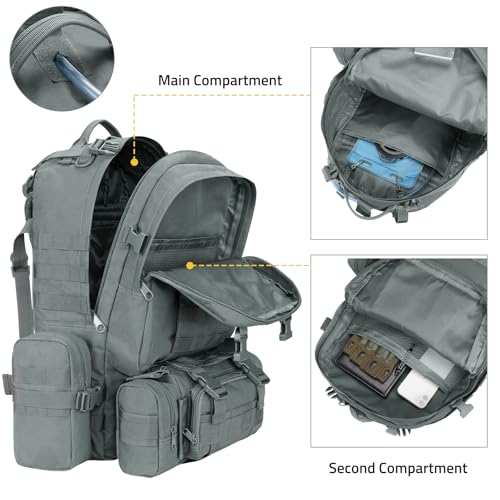 CVLIFE 60L Tactical Backpack for Men Women Military Large Army Rucksack | 3 Day Bug Out Survival Molle Bag, D-Ring Clips & Compass Accessories, Hiking Camping Gym Daypack, Grey - color: Grey