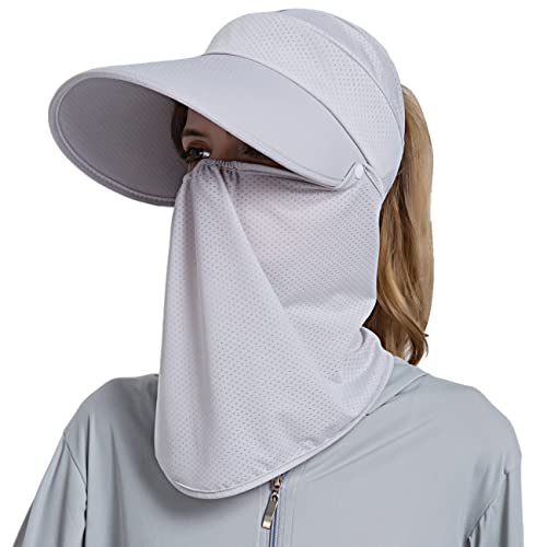 Women Wide Brim Face Mask Sun Hat Detachable Neck Face Flap Ponytail UV Protection Visor Hat Garden Fishing Hiking - color: Bg8094-lightgray