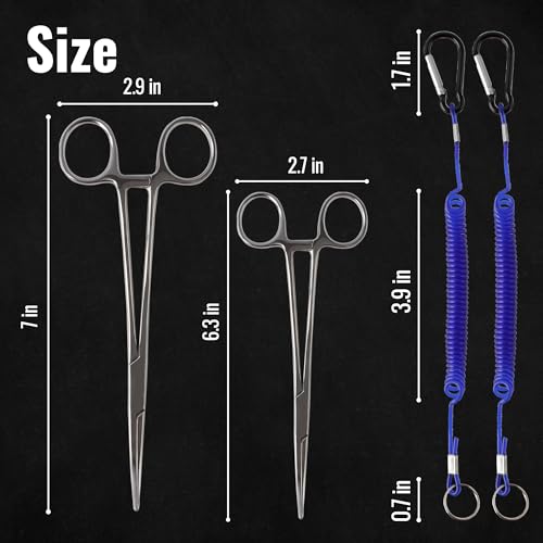 Fishing Forceps Set Hook Remover with Anti Loss Lanyards 2 Pack | Stainless steel fishing hemostats with serrated tips locking clamp for fly fishing kayak boat freshwater saltwater use trout