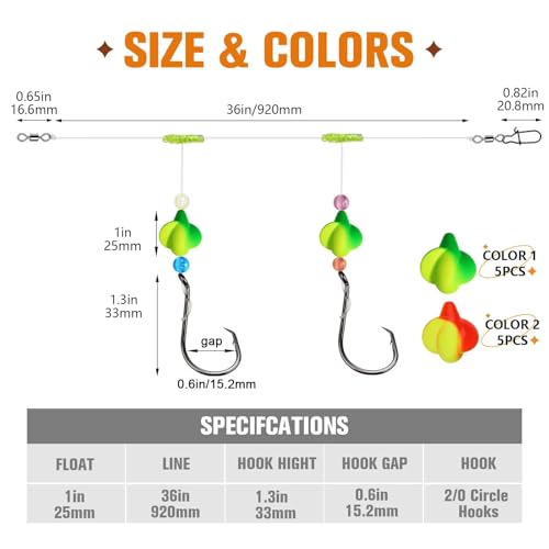 Dovesun 10PCS/4PCS Pompano Rigs for Surf Fishing Saltwater Fishing Rigs with Floats and Beads Unique Double-Line T-Knot Pre-Rigged Surf Fishing Gear & Tackle with Circle Hooks - color: Propeller Float(2colors)*10PCS, size: 2/0 Hook