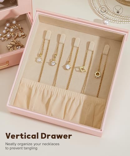 Homde Jewelry Organizer Girls Women Jewelry Box for Necklaces Rings Earrings Gift Bracelets Storage Case (Peach Pink + Gold) - color: Peach Pink + Gold