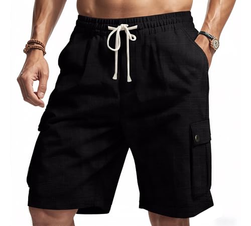 Mens Casual Linen Cargo Shorts Summer Fashion Solid Color Drawstring Elastic Waisted Beach Shorts Pockets - color: Black, size: Small