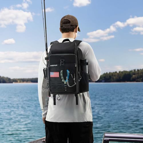 Piscifun Fishing Tackle Backpack with Rod & Gear Holder, Lightweight Outdoor Water-Resistant Fishing Shoulder Storage Bag with Protective Rain Cover, Black - color: Black, size: Large