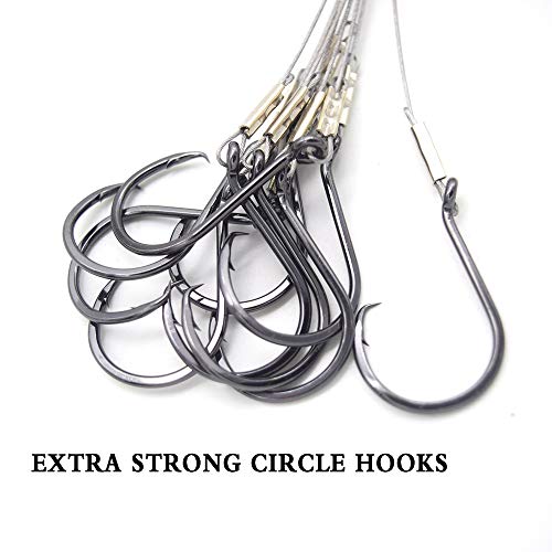 10pcs Extra Strong Offset Circle Hooks Saltwater,Fishing Hook Rig,Sport Fishing Hooks with Leader Black Nickel Coated High Carbon Steel Octopus Fishing Hooks - size: 9/0#