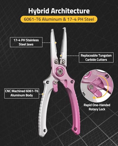 CVLIFE Fishing Pliers, Saltwater Hook Remover Kit, 7.5 Inch Aluminum Split Ring Pliers for Fishing with 17-4 PH Stainless Steel Jaws, Sheath, Tungsten Cutters Hook Sharpener & S-Carabiner - color: Pink