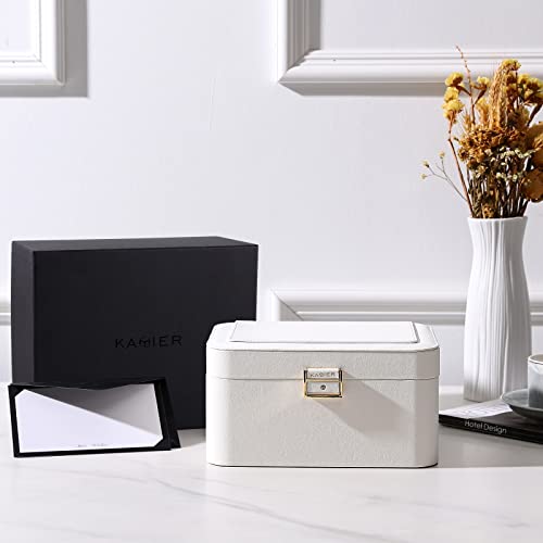 KAMIER Travel Jewelry Box, 2 Layers PU Leather Portable Jewelry Organizer, Large Capacity, Double Lock and Large Mirror, Hidden Necklace Hooks, Removable Dividers, Gift Box Packaging, White - color: White, size: mirror