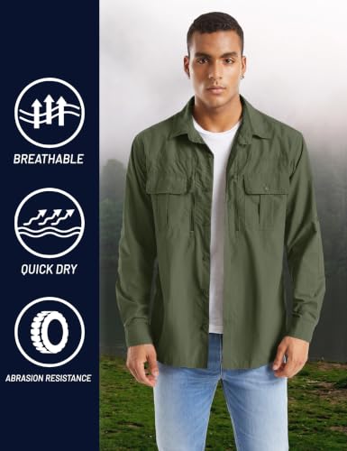 TACVASEN Fishing Shirt for Men, Long Sleeve Shirt Quick Dry Fit, Tactical Shirt Button Up, Work Shirt Lightweight Safari - color: Green, size: Medium