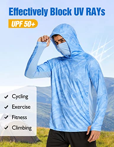 COOrun Men's Hooded Sun Shirts with Mask Fishing Shirts for Men Long Sleeve UPF 50 Rash Guards Cooling Hoodies Hiking Shirts - color: Blue, size: Small