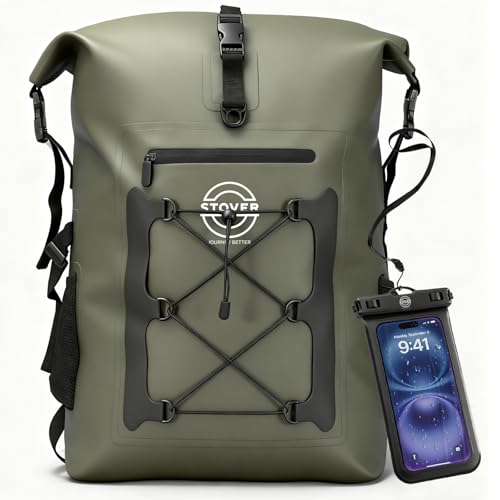 STOVER 5/10/25/30/40/55L Waterproof Dry Bag- Roll-Top Backpack w/Phone Case- Kayaking, Hiking, Camping, Boating- Men/Women - color: 55l Green (With Phone Case), size: 55L
