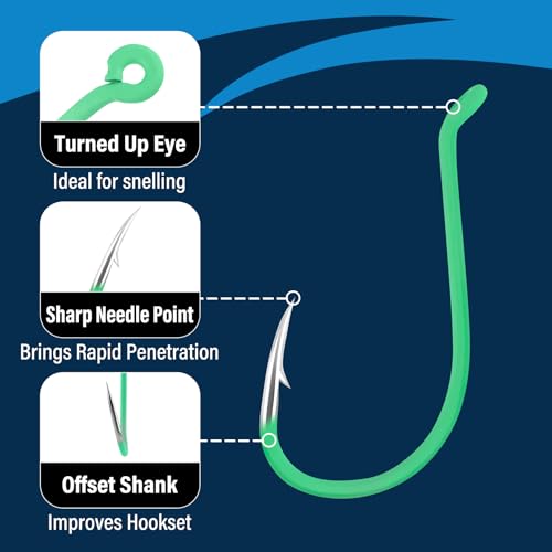 Dr.Fish 30 Pack Octopus Hooks, #10-#10/0, Offset Beak Circle Hooks for Saltwater & Freshwater Fishing, High Carbon Steel Catfish, Bass, Tuna, Snapper, Walleye - color: Glow Green, size: #8-30 Pack